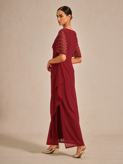 Elegant Formal Dress with Embellished Flutter Sleeves