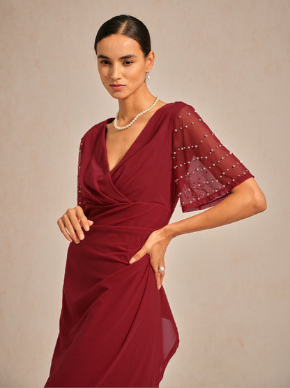 Elegant Formal Dress with Embellished Flutter Sleeves