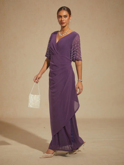 Elegant Formal Dress with Embellished Flutter Sleeves