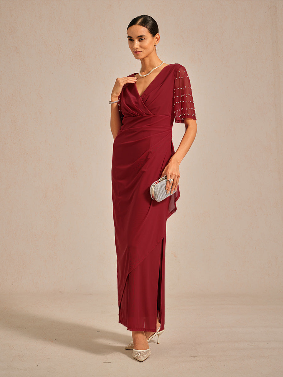 Elegant Formal Dress with Embellished Flutter Sleeves