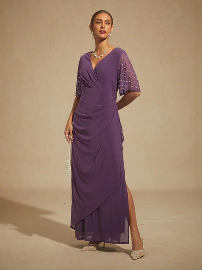 Elegant Formal Dress with Embellished Flutter Sleeves