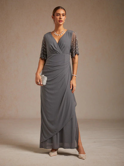 Elegant Formal Dress with Embellished Flutter Sleeves