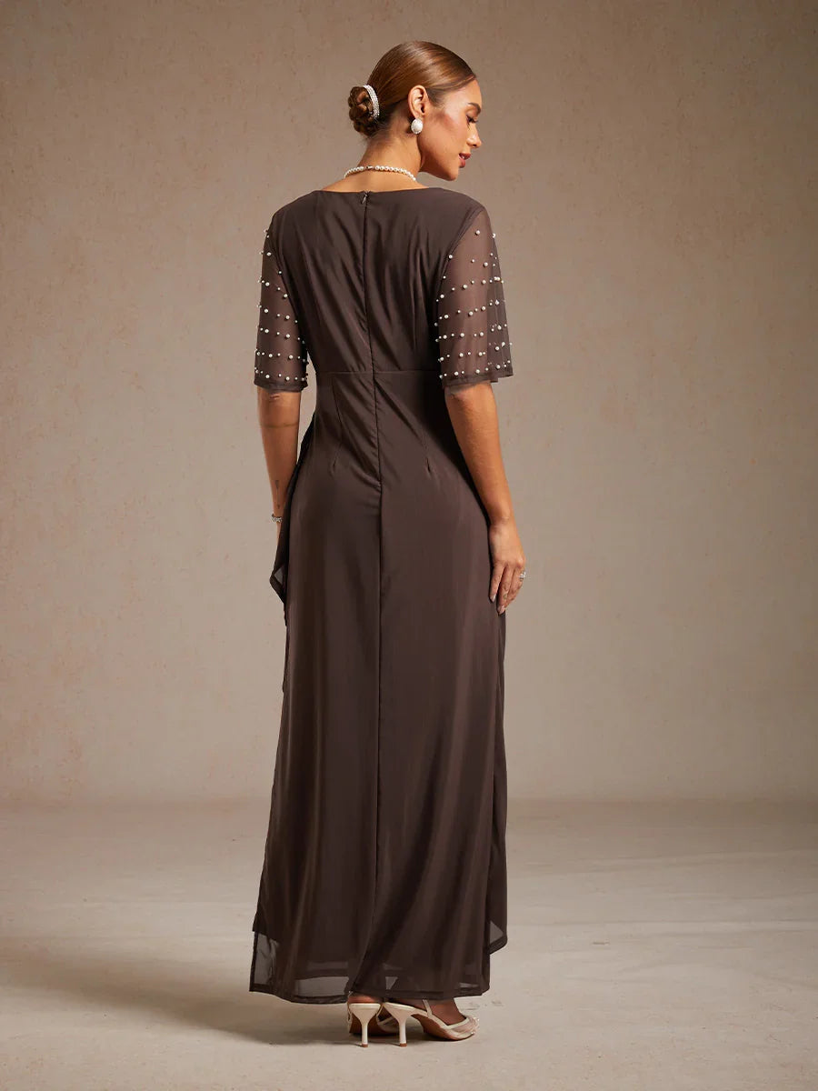 Elegant Formal Dress with Embellished Flutter Sleeves