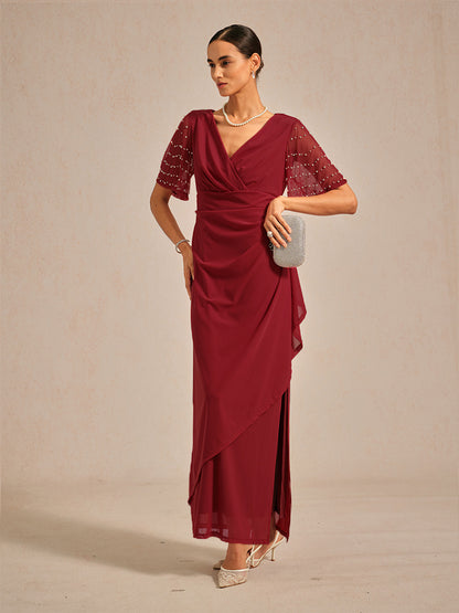 Elegant Formal Dress with Embellished Flutter Sleeves