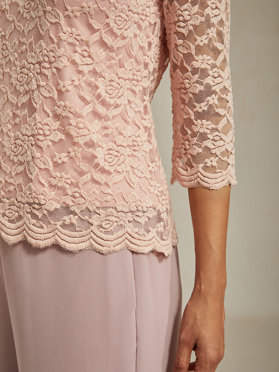 V-Neck Stretch Lace Top with Shimmery Details