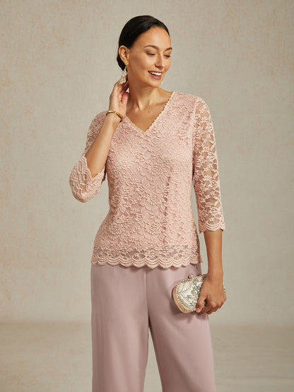 V-Neck Stretch Lace Top with Shimmery Details
