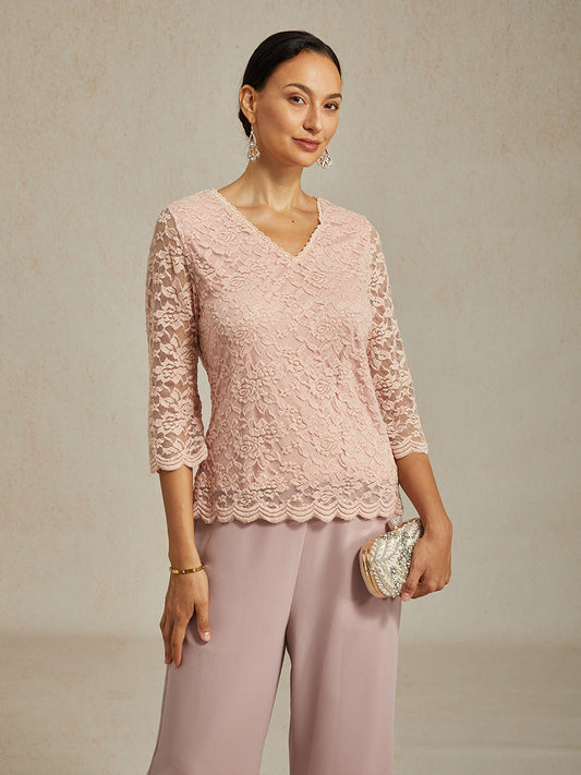 V-Neck Stretch Lace Top with Shimmery Details
