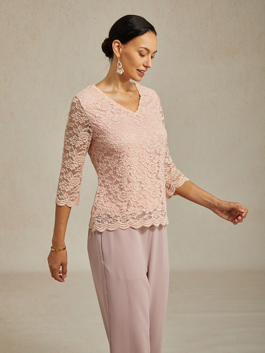 V-Neck Stretch Lace Top with Shimmery Details