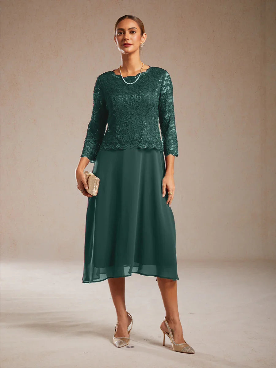 Robe élégante en dentelle et mousseline de soie, longueur thé