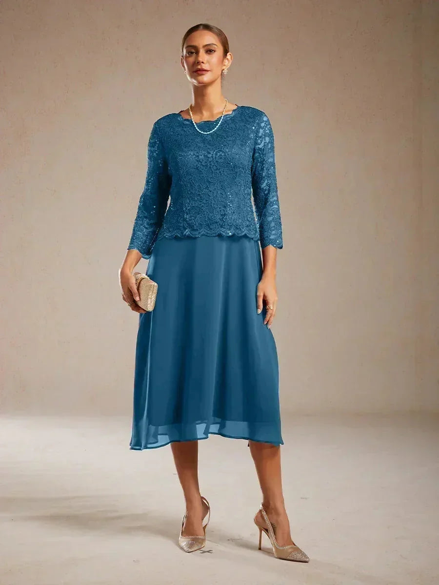 Elegant Lace and Chiffon Tea-Length Dress