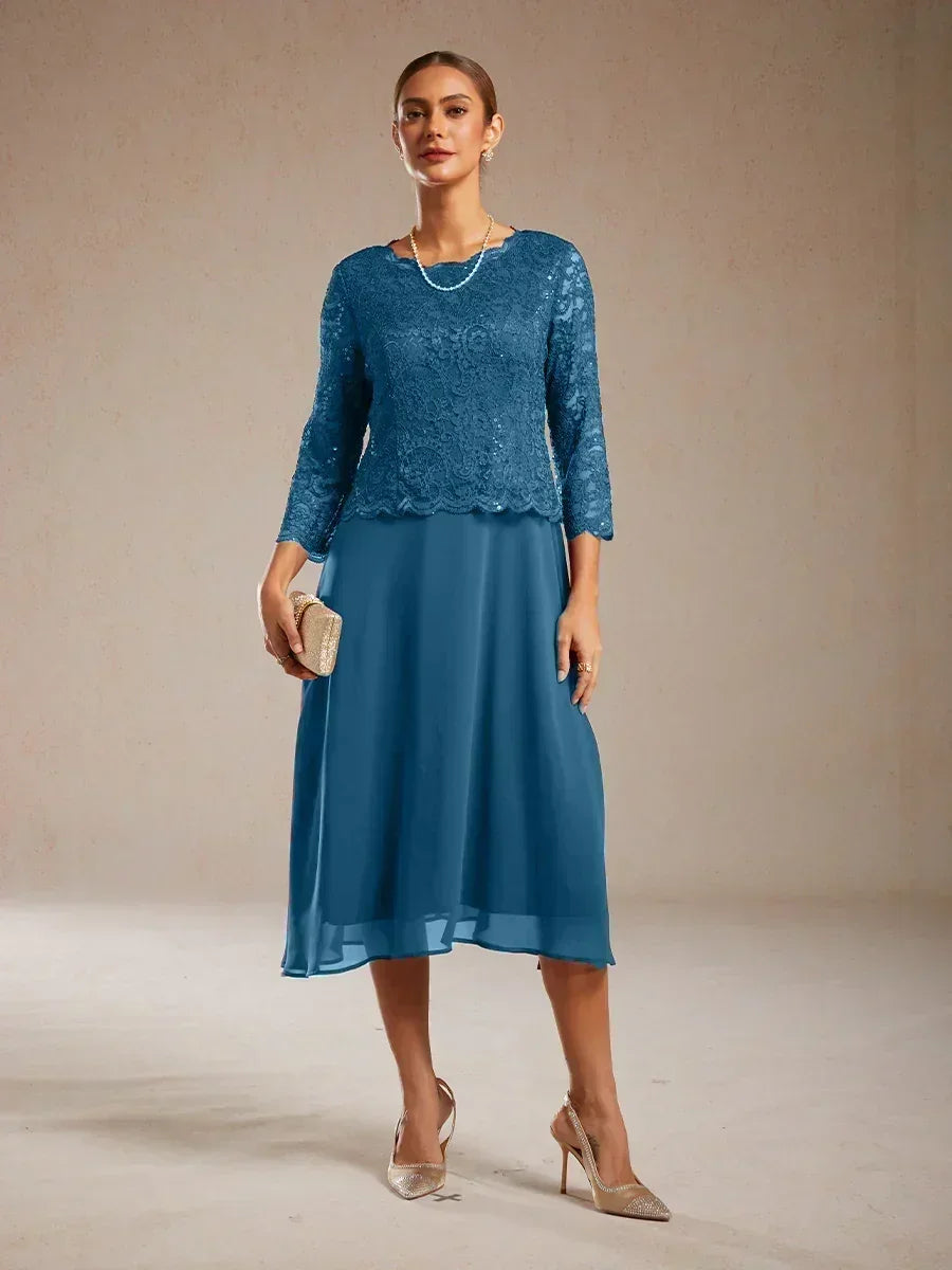 Robe élégante en dentelle et mousseline de soie, longueur thé