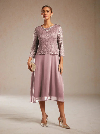 Elegant Lace and Chiffon Tea-Length Dress