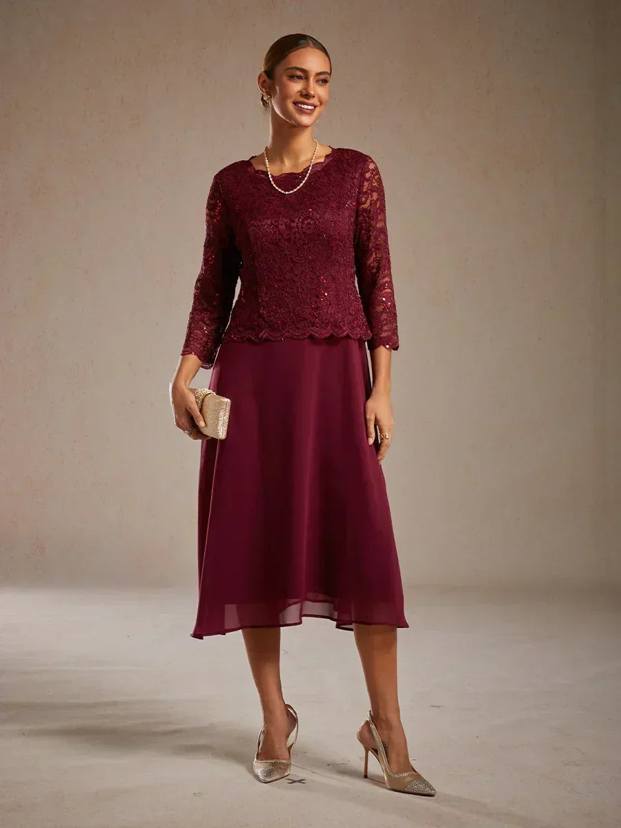 Robe élégante en dentelle et mousseline de soie, longueur thé