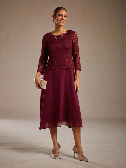 Robe élégante en dentelle et mousseline de soie, longueur thé