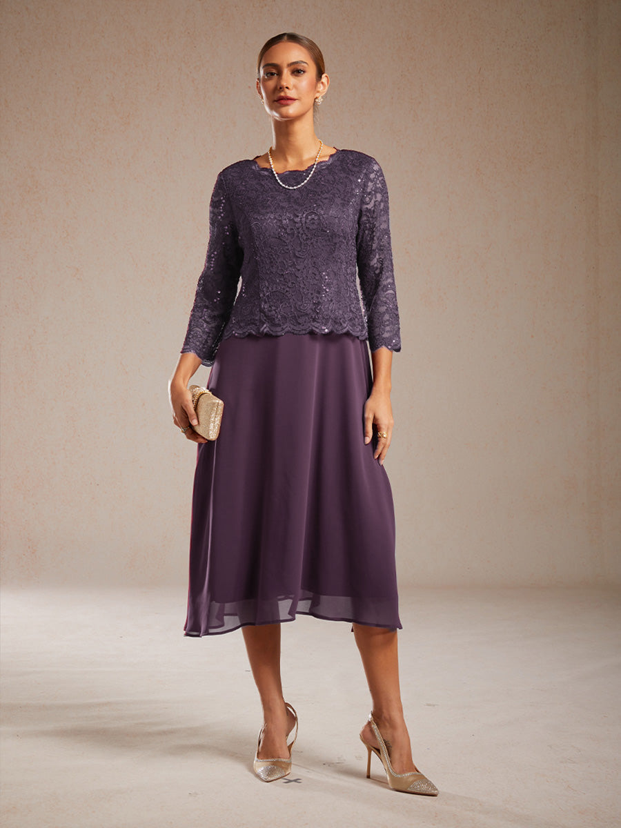 Elegant Lace and Chiffon Tea-Length Dress