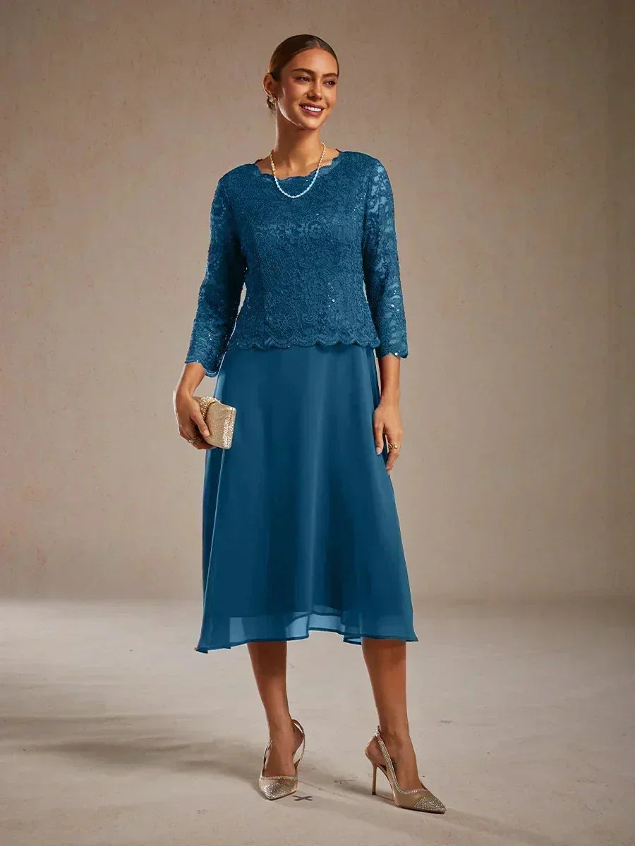 Elegant Lace and Chiffon Tea-Length Dress