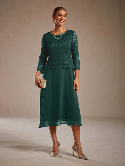 Robe élégante en dentelle et mousseline de soie, longueur thé
