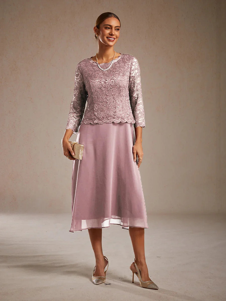 Robe élégante en dentelle et mousseline de soie, longueur thé