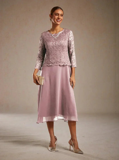 Elegant Lace and Chiffon Tea-Length Dress