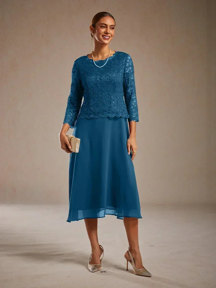 Robe élégante en dentelle et mousseline de soie, longueur thé