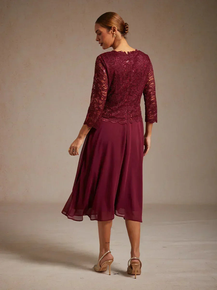 Robe élégante en dentelle et mousseline de soie, longueur thé