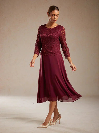Robe élégante en dentelle et mousseline de soie, longueur thé