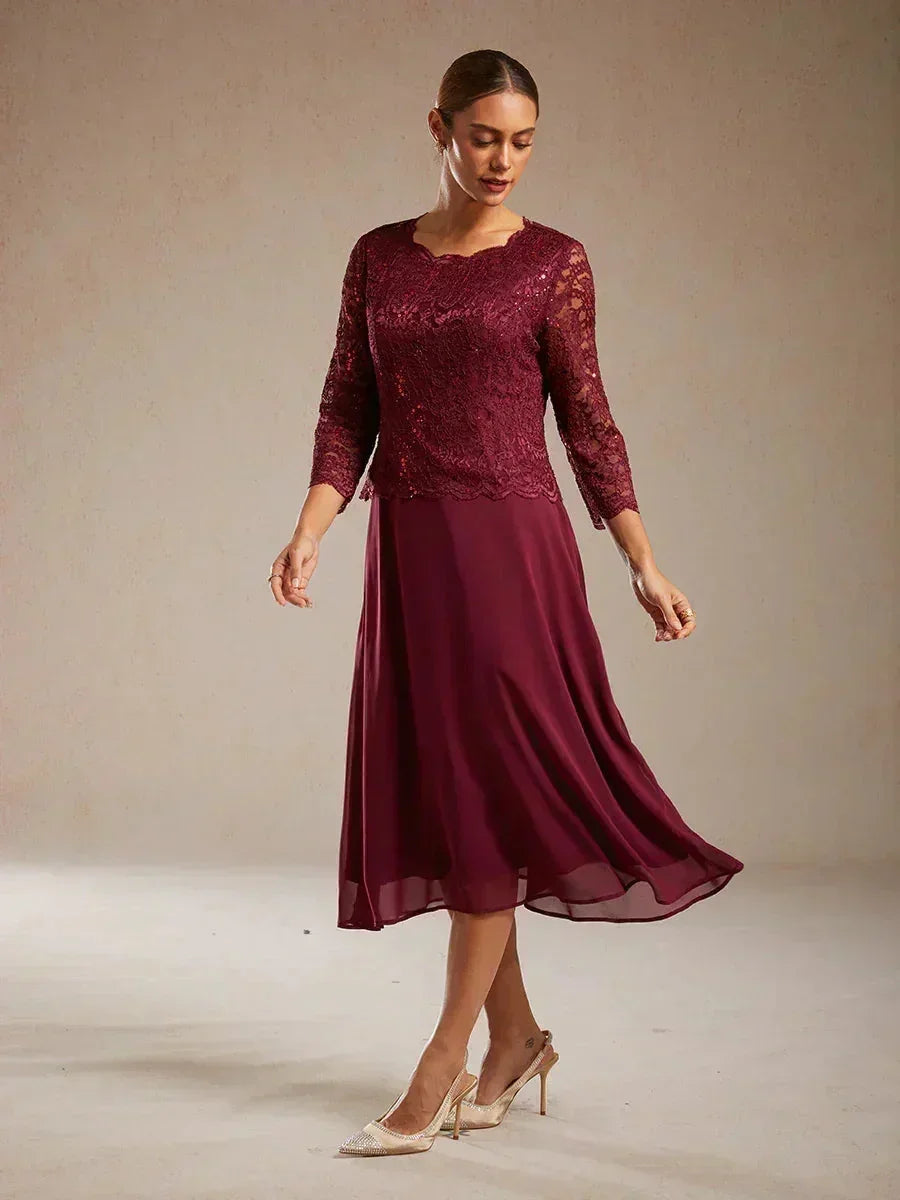 Elegant Lace and Chiffon Tea-Length Dress