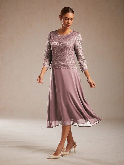 Robe élégante en dentelle et mousseline de soie, longueur thé