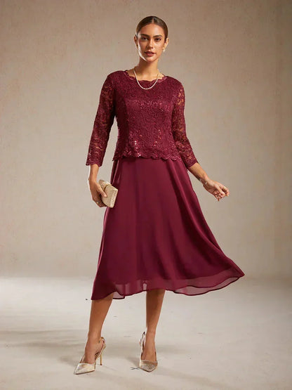 Elegant Lace and Chiffon Tea-Length Dress