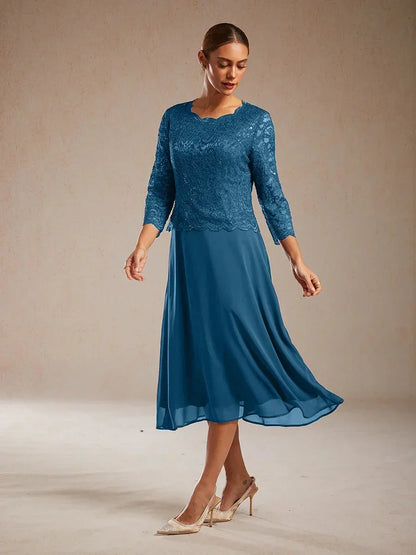 Elegant Lace and Chiffon Tea-Length Dress