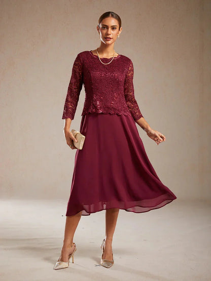 Elegant Lace and Chiffon Tea-Length Dress