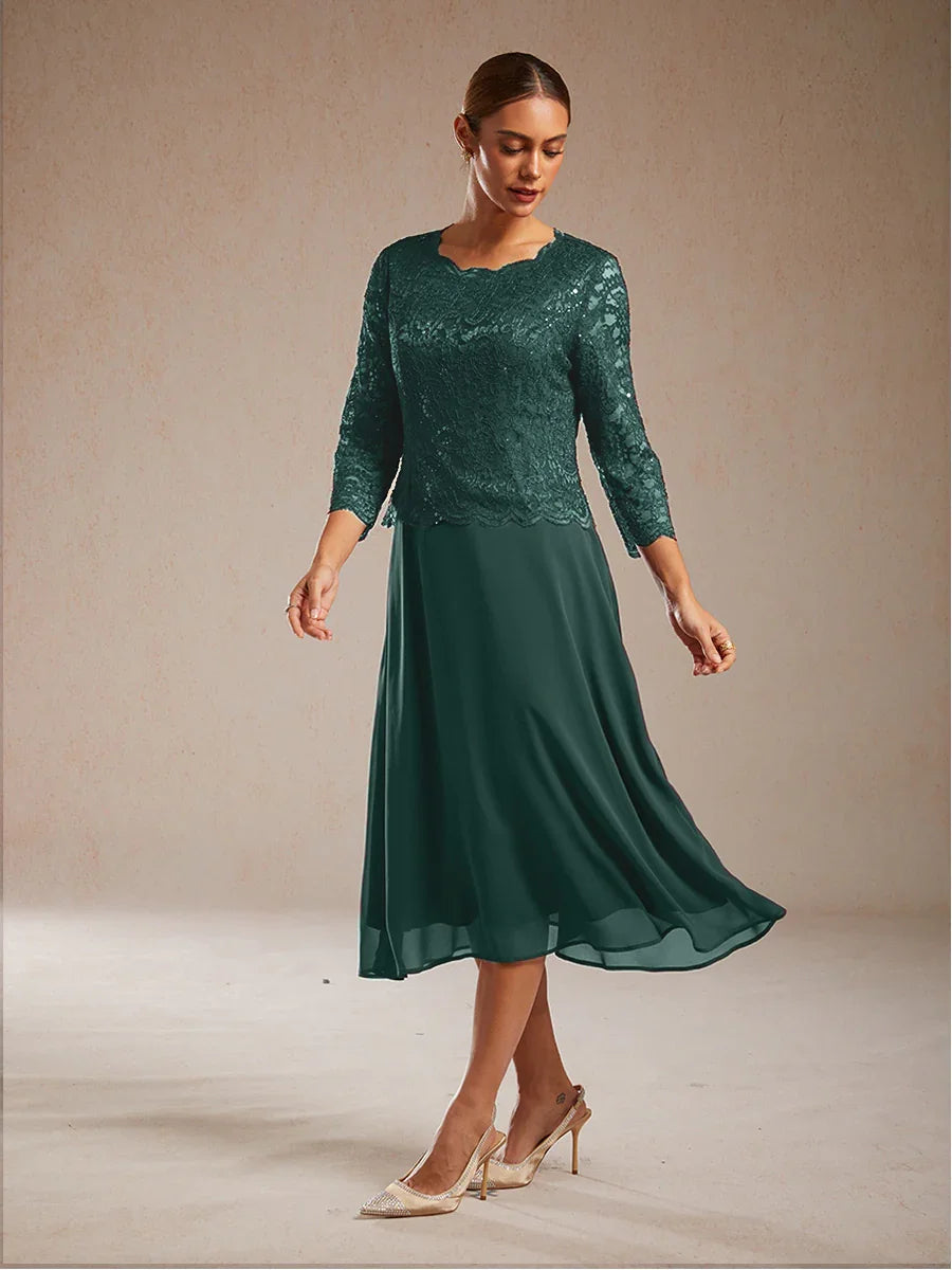 Robe élégante en dentelle et mousseline de soie, longueur thé