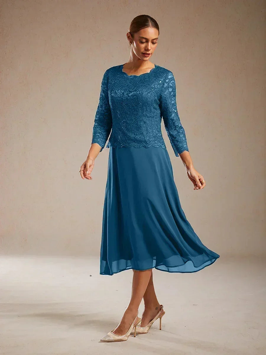 Robe élégante en dentelle et mousseline de soie, longueur thé
