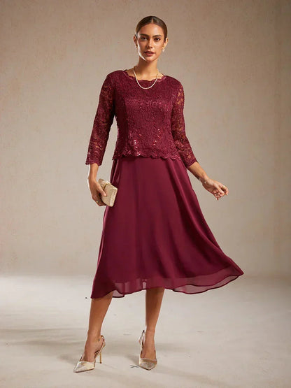 Robe élégante en dentelle et mousseline de soie, longueur thé