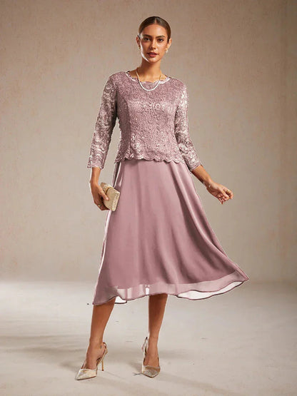 Elegant Lace and Chiffon Tea-Length Dress