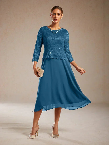 Robe élégante en dentelle et mousseline de soie, longueur thé
