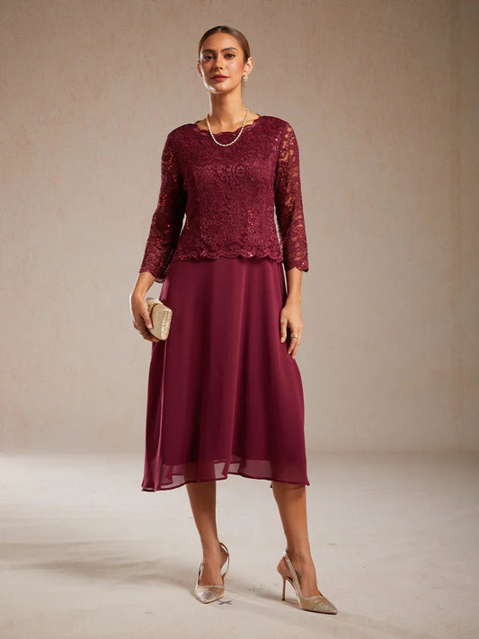 Elegant Lace and Chiffon Tea-Length Dress
