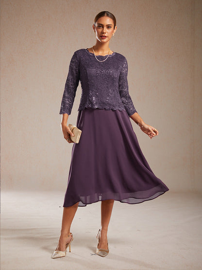 Elegant Lace and Chiffon Tea-Length Dress