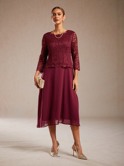 Elegant Lace and Chiffon Tea-Length Dress