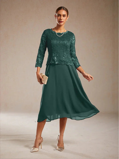 Elegant Lace and Chiffon Tea-Length Dress