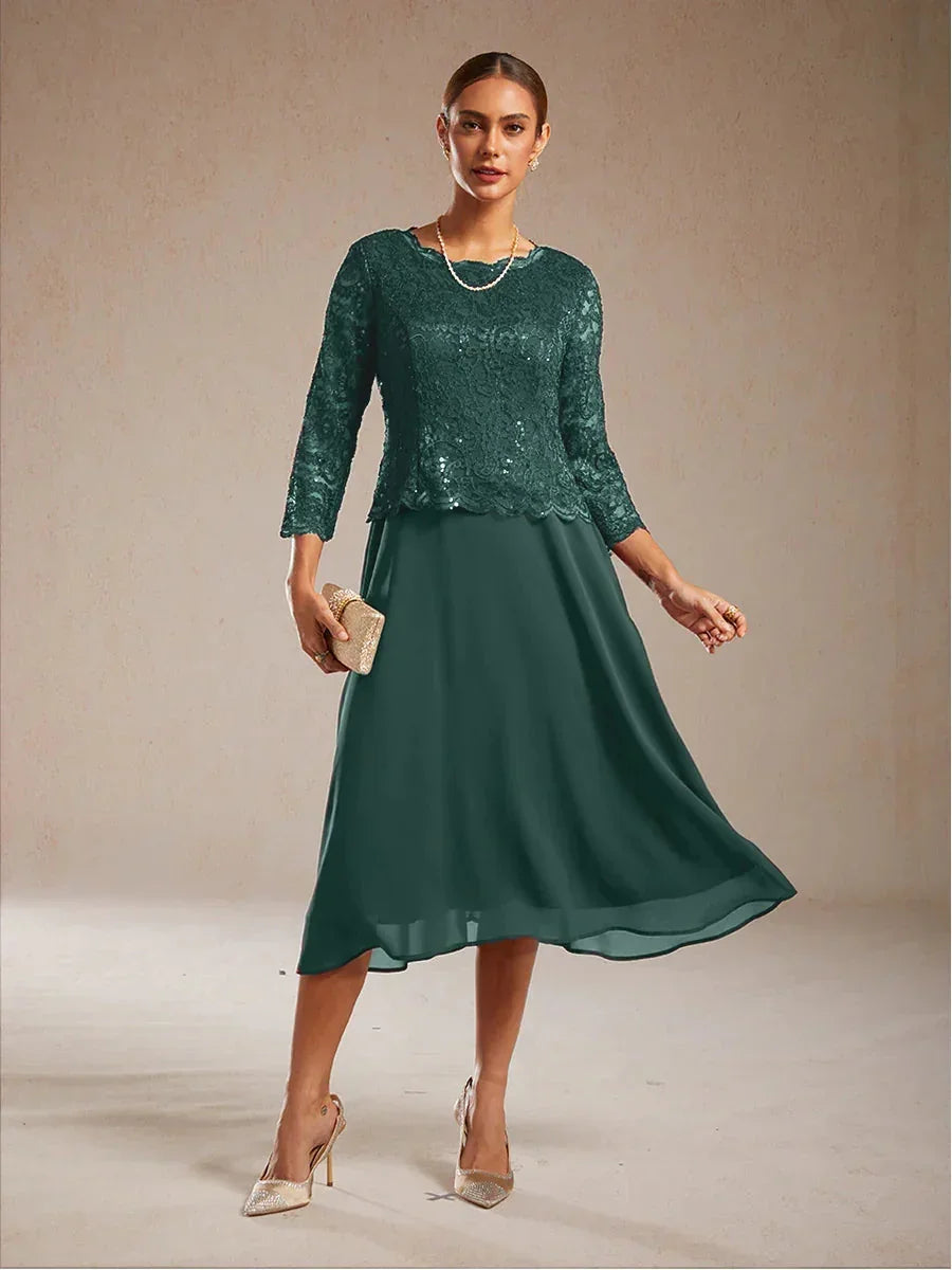 Elegant Lace and Chiffon Tea-Length Dress