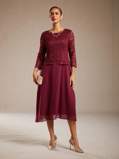 Robe élégante en dentelle et mousseline de soie, longueur thé