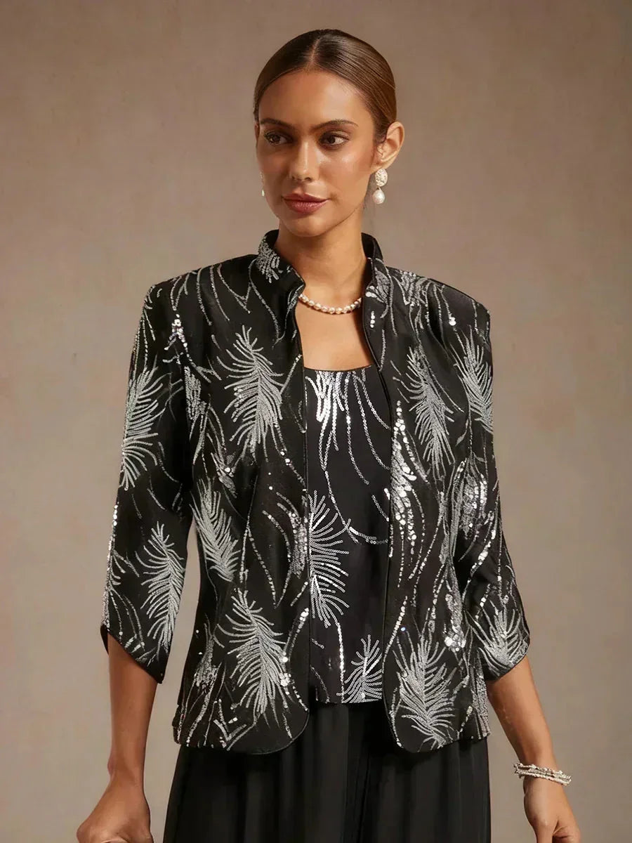 Elegant Mandarin Collar Sequin Twinset