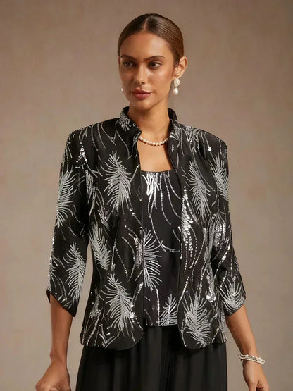 Elegant Mandarin Collar Sequin Twinset