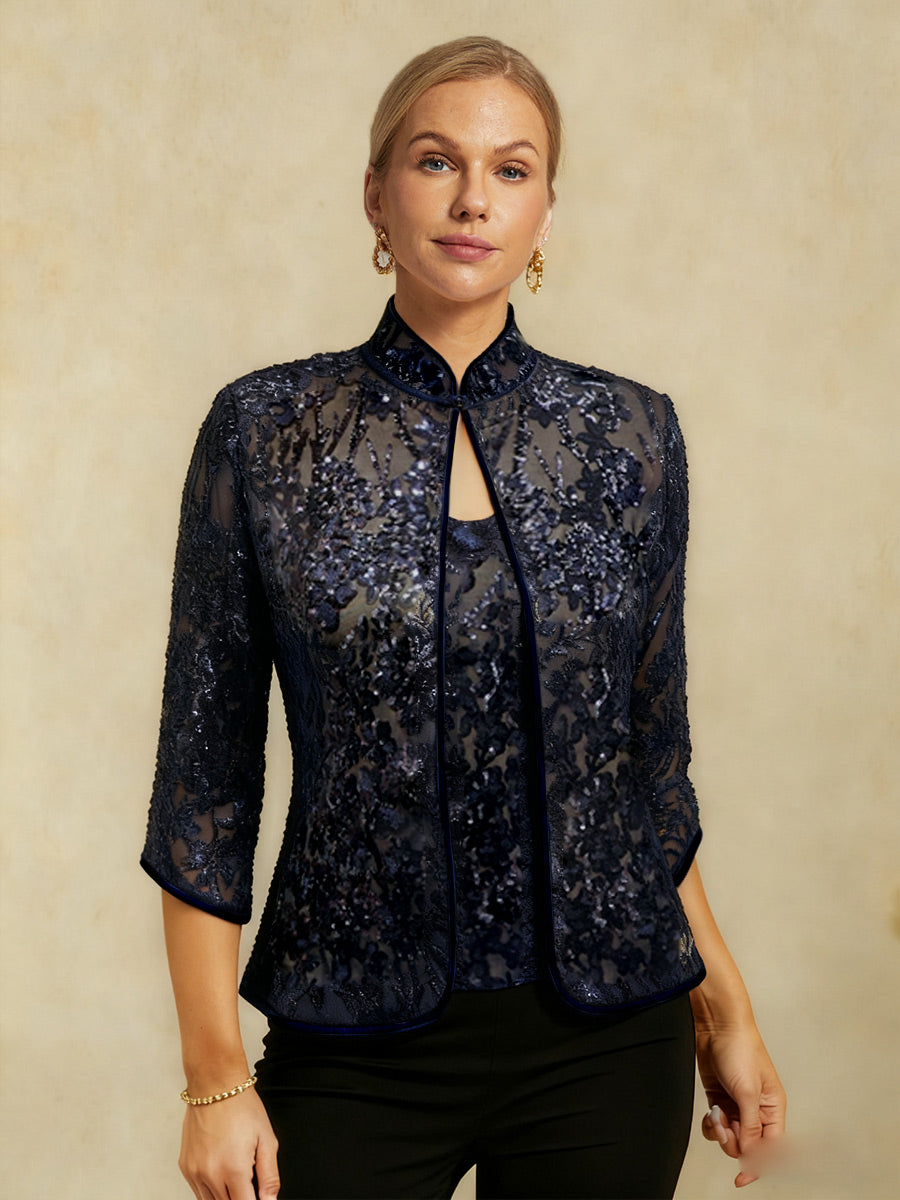 Floral Mandarin Collar Sequin Twinset