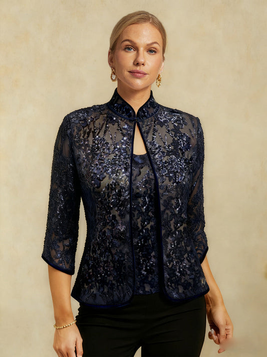 Floral Mandarin Collar Sequin Twinset
