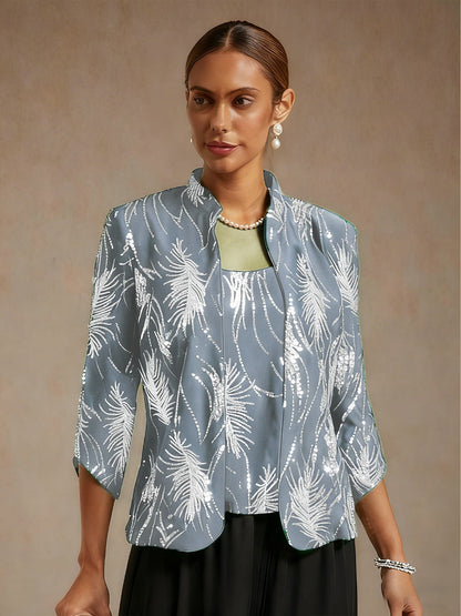 Elegant Mandarin Collar Sequin Twinset