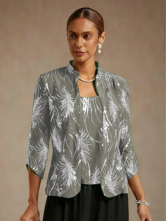 Elegant Mandarin Collar Sequin Twinset