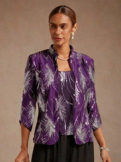 Elegant Mandarin Collar Sequin Twinset