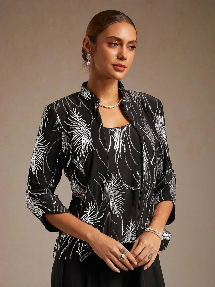 Elegant Mandarin Collar Sequin Twinset